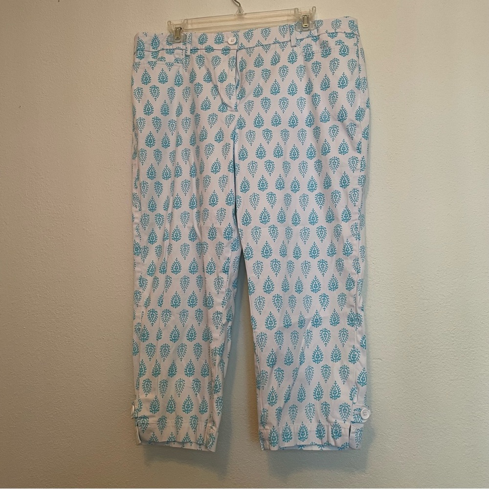 Talbots Perfect Skimmer Pants White With Aqua Print Women’s Size 14‎